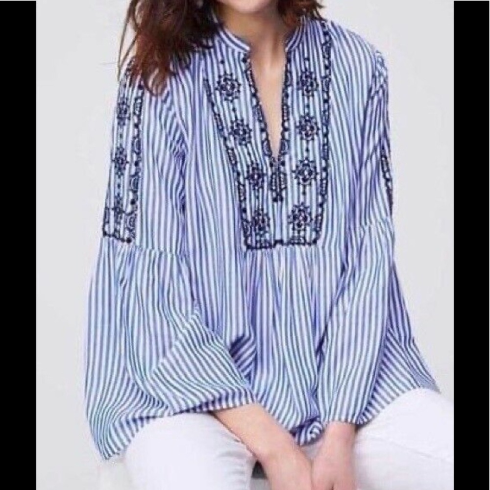 LOFT Petite Embroidered Blue & White Striped Pop-over Blouse XXSP